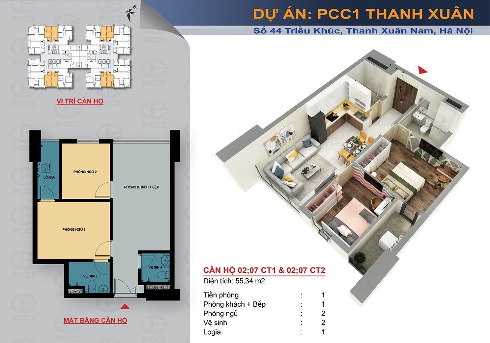 Mặt bằng căn hộ 02 10 dự án PCC1 Triều Khúc