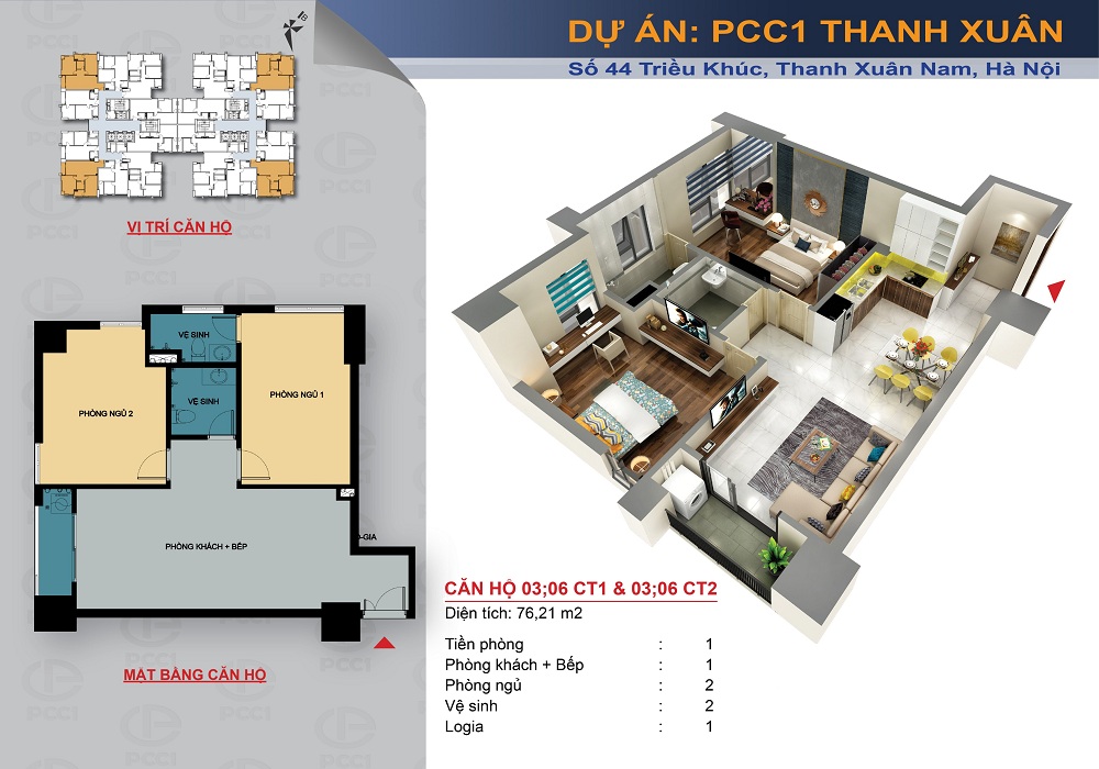 Mặt bằng căn hộ 03 06 dự án PCC1 Triều Khúc