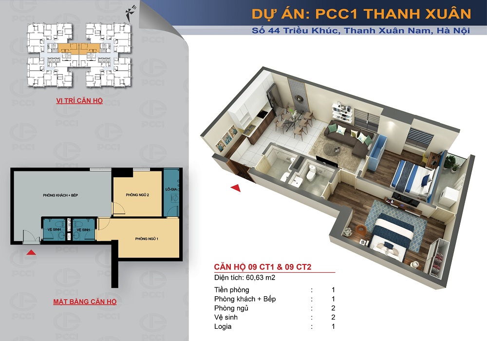 Mặt bằng căn hộ 09 dự án PCC1 Triều Khúc